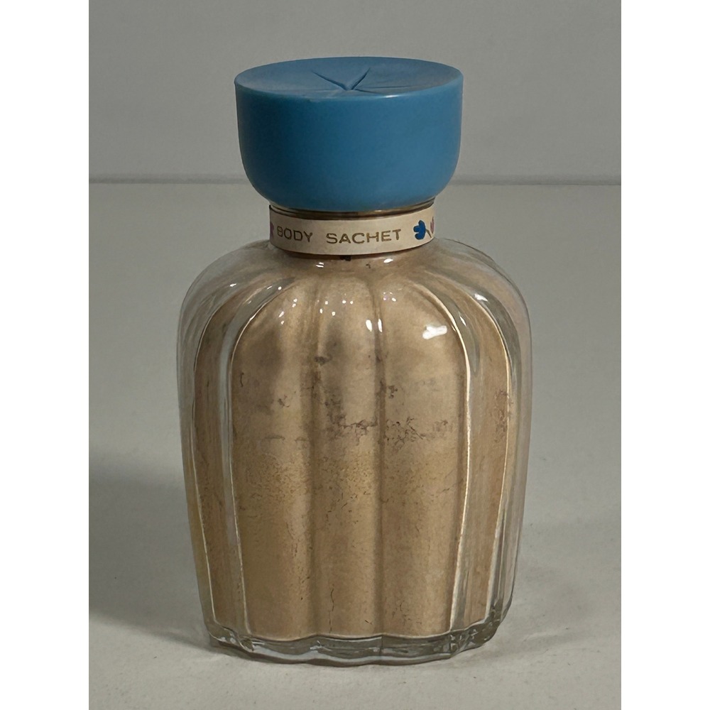Vintage Shulton Early American Old Spice Body Sachet Glass Bottle Blue Cap 2.75"